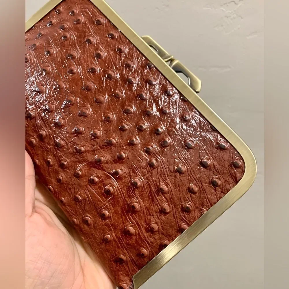 Handmade Genuine Ostrich Textured Cowhide, Kisslock Clutch/Passport Holder